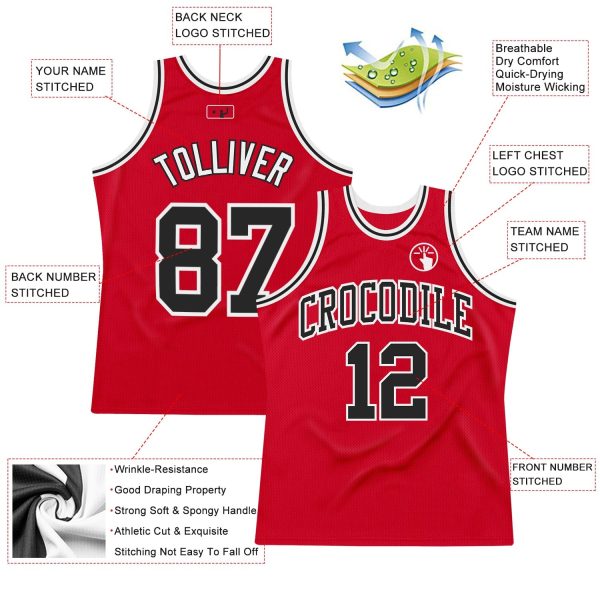 Red Black-White Authentic Throwback Personalized Basketball Jersey - Image 2