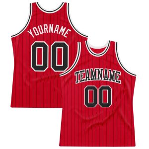 Red Black Pinstripe Black-White Authentic Personalized Basketball Jersey