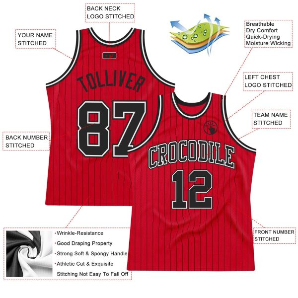 Red Black Pinstripe Black-White Authentic Personalized Basketball Jersey - Image 2