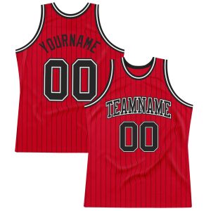 Red Black Pinstripe Black-White Authentic Personalized Basketball Jersey