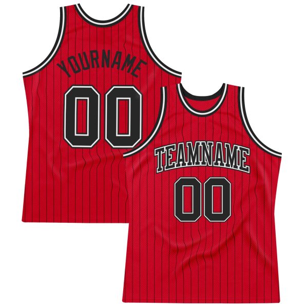 Red Black Pinstripe Black-White Authentic Personalized Basketball Jersey