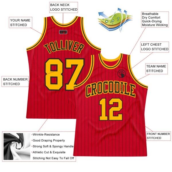 Red Black Pinstripe Gold-Black Authentic Personalized Basketball Jersey - Image 2