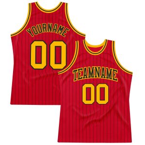 Red Black Pinstripe Gold-Black Authentic Personalized Basketball Jersey