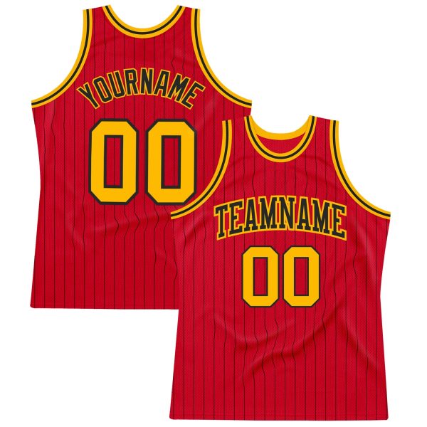 Red Black Pinstripe Gold-Black Authentic Personalized Basketball Jersey