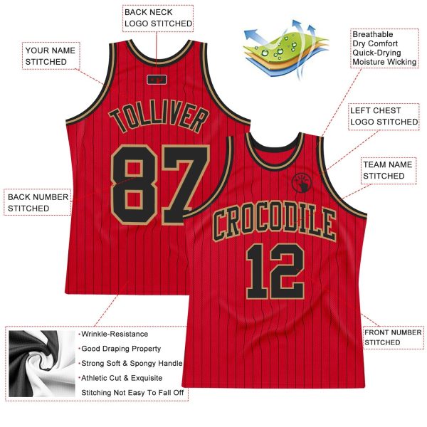 Red Black Pinstripe Black-Old Gold Authentic Personalized Basketball Jersey - Image 2
