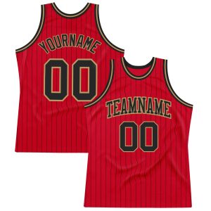 Red Black Pinstripe Black-Old Gold Authentic Personalized Basketball Jersey