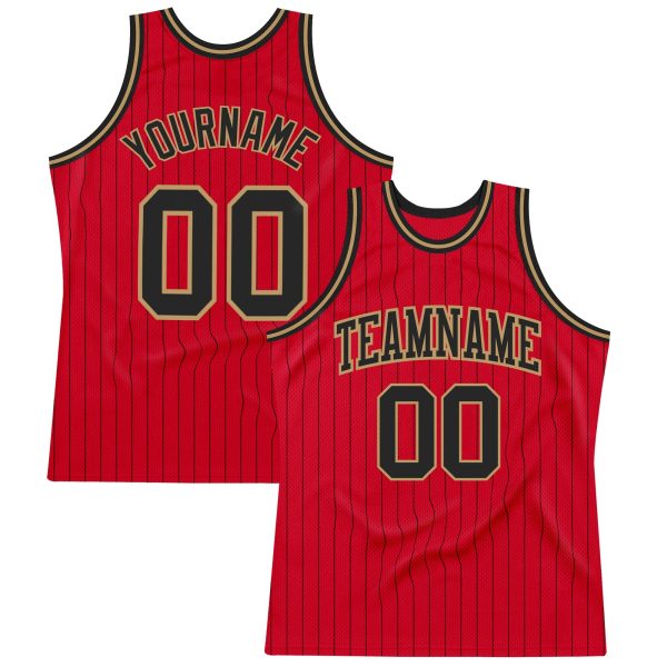 Red Black Pinstripe Black-Old Gold Authentic Personalized Basketball Jersey