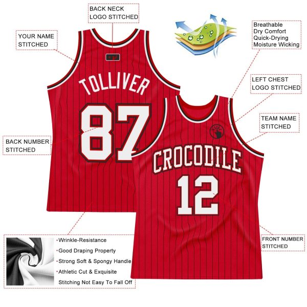 Red Black Pinstripe White-Black Authentic Personalized Basketball Jersey - Image 2