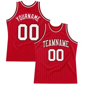Red Black Pinstripe White-Black Authentic Personalized Basketball Jersey