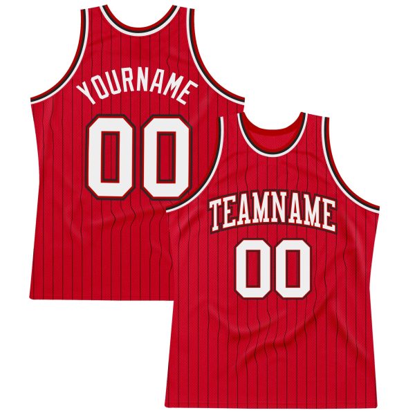 Red Black Pinstripe White-Black Authentic Personalized Basketball Jersey