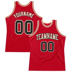 Red Black Pinstripe Black-Cream Authentic Personalized Basketball Jersey