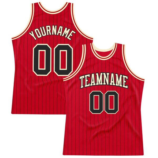 Red Black Pinstripe Black-Cream Authentic Personalized Basketball Jersey