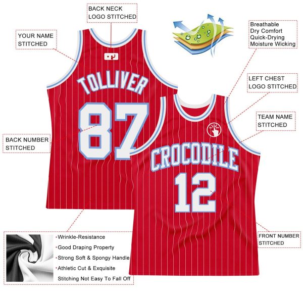 Red White Pinstripe White-Light Blue Authentic Personalized Basketball Jersey - Image 2