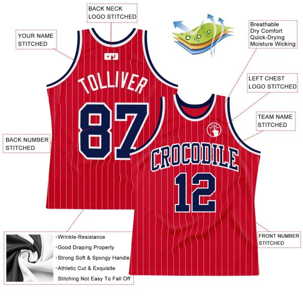 Red White Pinstripe Navy-White Authentic Personalized Basketball Jersey - Image 2