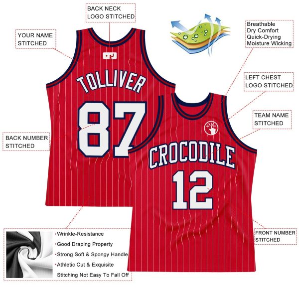Red White Pinstripe White-Navy Authentic Personalized Basketball Jersey - Image 2