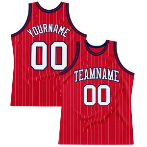 Red White Pinstripe White-Navy Authentic Personalized Basketball Jersey