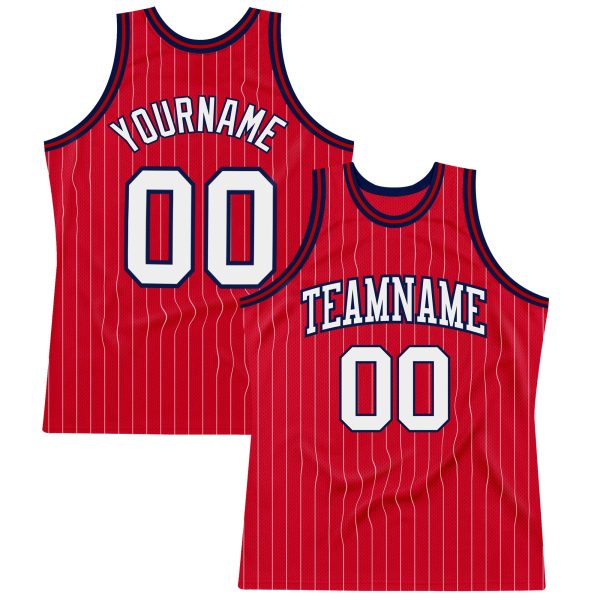 Red White Pinstripe White-Navy Authentic Personalized Basketball Jersey