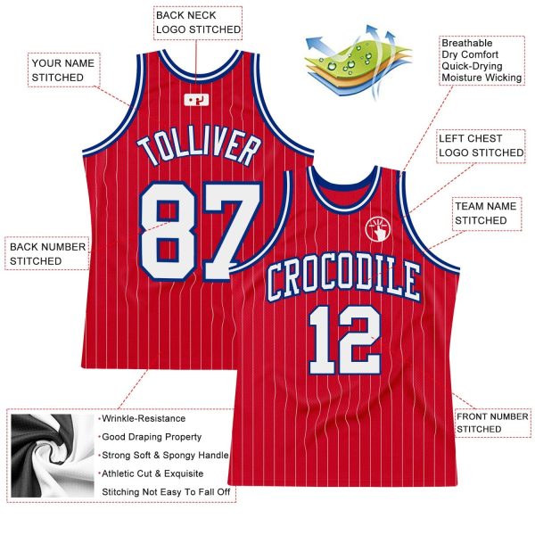 Red White Pinstripe White-Royal Authentic Personalized Basketball Jersey - Image 2