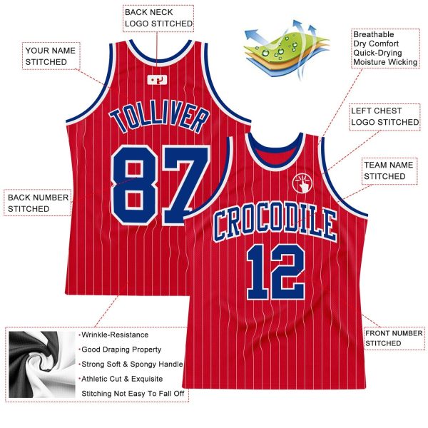 Red White Pinstripe Royal-White Authentic Personalized Basketball Jersey - Image 2