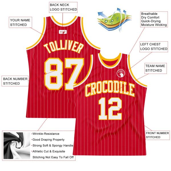 Red White Pinstripe White-Gold Authentic Personalized Basketball Jersey - Image 2