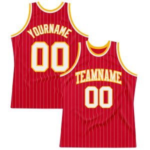Red White Pinstripe White-Gold Authentic Personalized Basketball Jersey