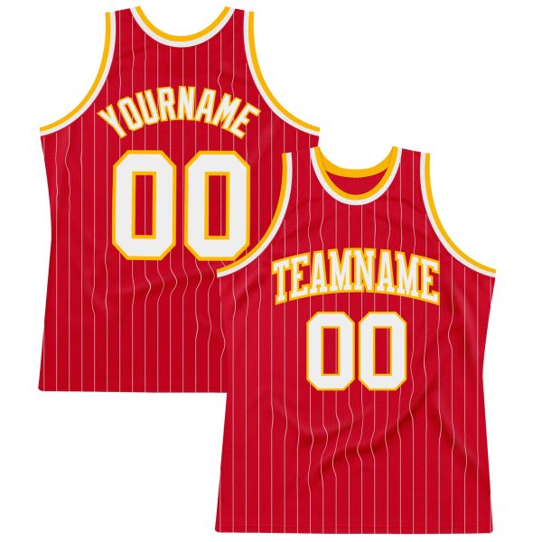 Red White Pinstripe White-Gold Authentic Personalized Basketball Jersey