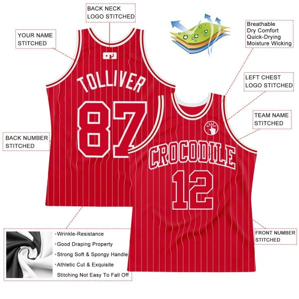 Red White Pinstripe Red-White Authentic Personalized Basketball Jersey - Image 2