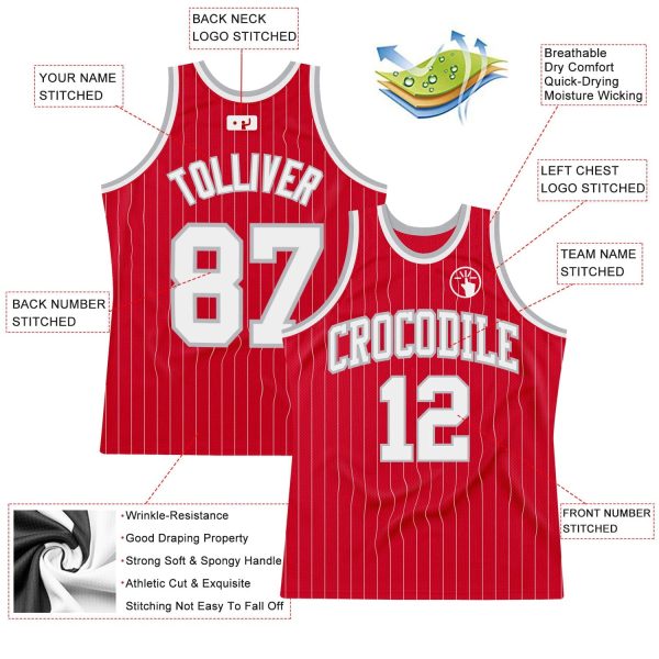 Red White Pinstripe White-Gray Authentic Personalized Basketball Jersey - Image 2