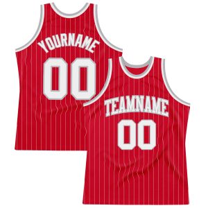 Red White Pinstripe White-Gray Authentic Personalized Basketball Jersey