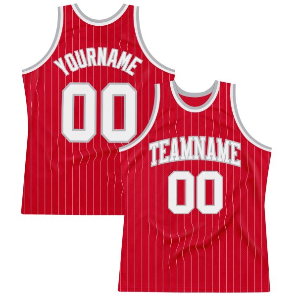 Red White Pinstripe White-Gray Authentic Personalized Basketball Jersey