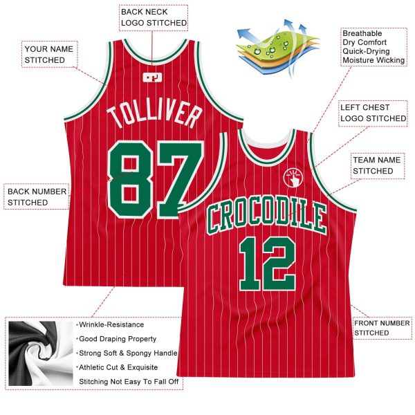 Red White Pinstripe Kelly Green-White Authentic Personalized Basketball Jersey - Image 2