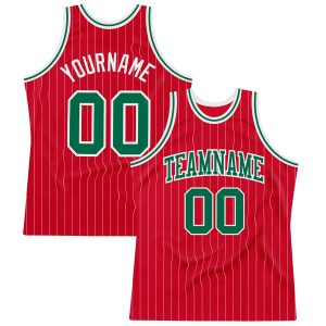 Red White Pinstripe Kelly Green-White Authentic Personalized Basketball Jersey