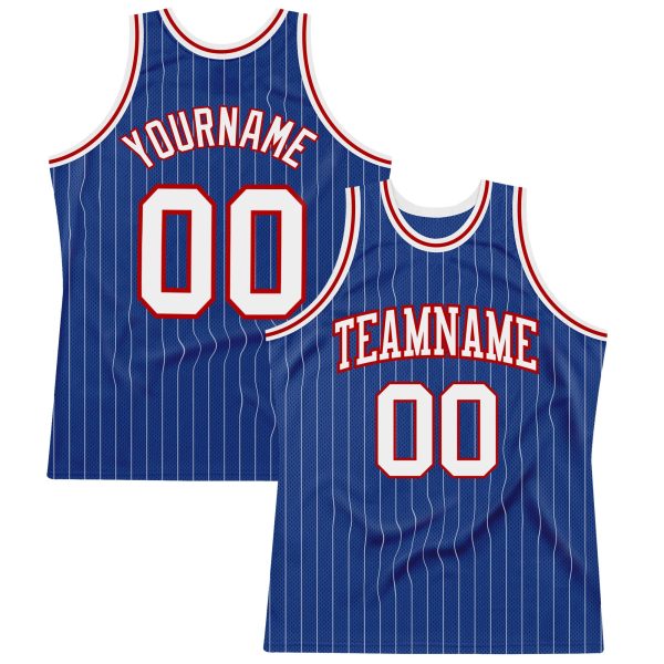 Royal White Pinstripe White-Red Authentic Personalized Basketball Jersey
