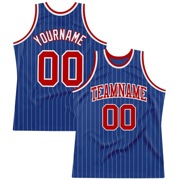 Royal White Pinstripe Red-White Authentic Personalized Basketball Jersey