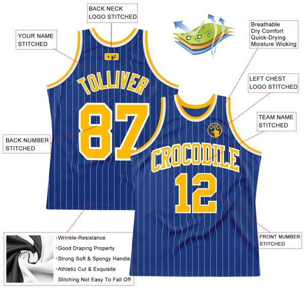 Royal White Pinstripe Gold-White Authentic Personalized Basketball Jersey - Image 2