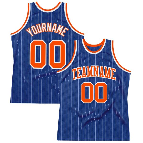 Royal White Pinstripe Orange-White Authentic Personalized Basketball Jersey