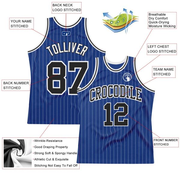 Royal White Pinstripe Black-White Authentic Personalized Basketball Jersey - Image 2