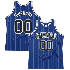 Royal White Pinstripe Black-White Authentic Personalized Basketball Jersey