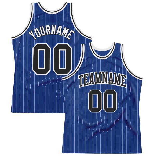 Royal White Pinstripe Black-White Authentic Personalized Basketball Jersey