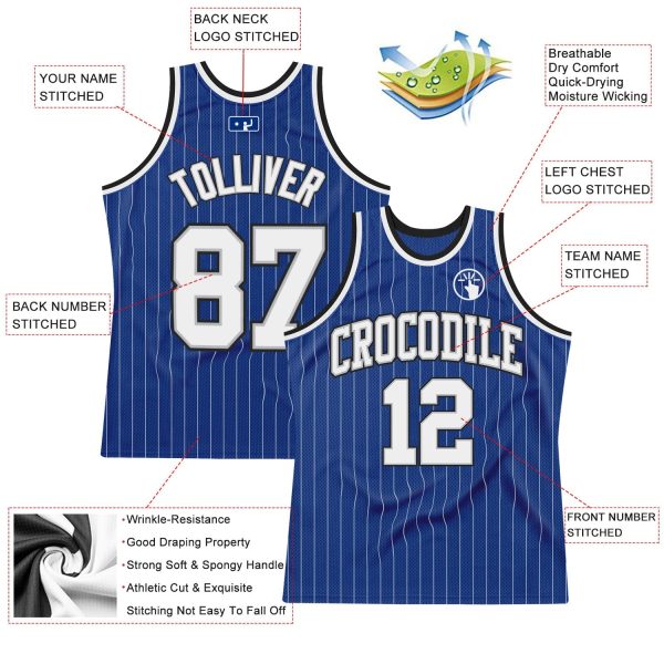 Royal White Pinstripe White Gray-Black Authentic Personalized Basketball Jersey - Image 2