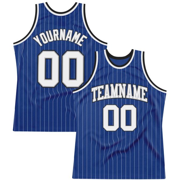 Royal White Pinstripe White Gray-Black Authentic Personalized Basketball Jersey