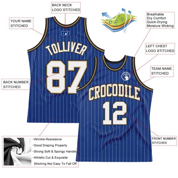 Royal White Pinstripe White Old Gold-Black Authentic Personalized Basketball Jersey - Image 2