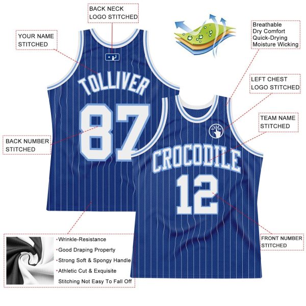 Royal White Pinstripe White-Light Blue Authentic Personalized Basketball Jersey - Image 2