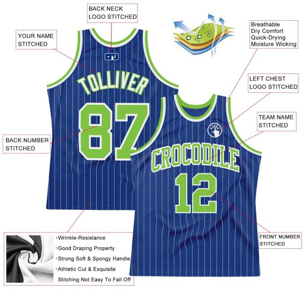 Royal White Pinstripe Neon Green-White Authentic Personalized Basketball Jersey - Image 2