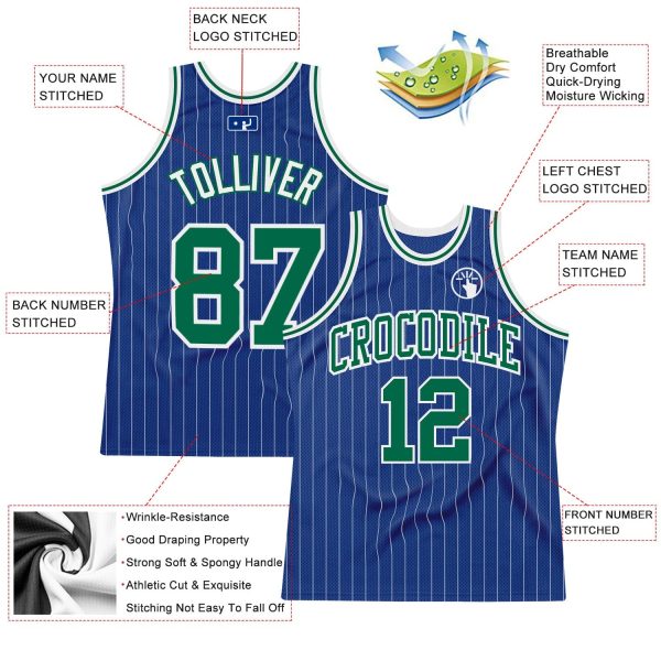 Royal White Pinstripe Kelly Green-White Authentic Personalized Basketball Jersey - Image 2