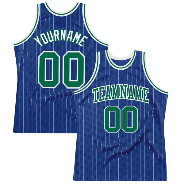 Royal White Pinstripe Kelly Green-White Authentic Personalized Basketball Jersey