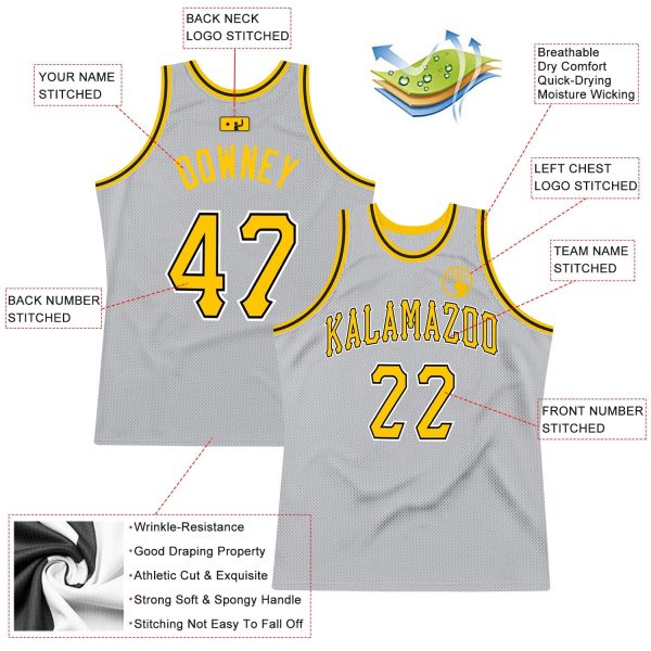 Gray Gold-Black Authentic Throwback Personalized Basketball Jersey - Image 2