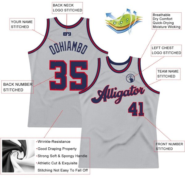 Gray Navy-Red Authentic ThrowbackCustom  Basketball Jersey - Image 2