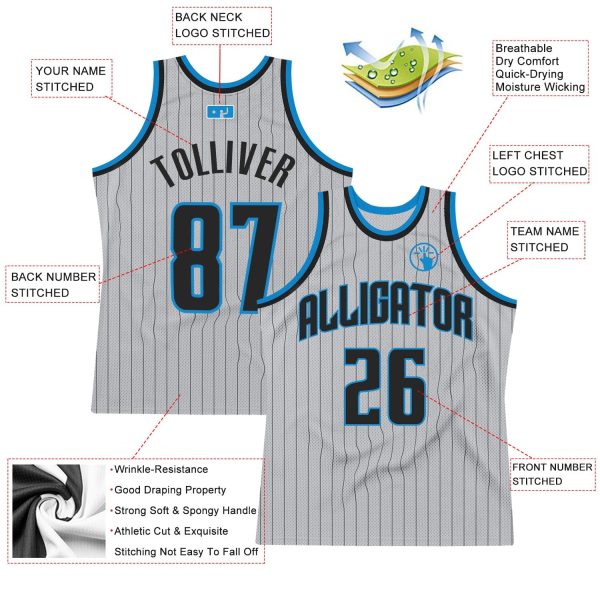 Gray Black Pinstripe Black-Blue Authentic Personalized Basketball Jersey - Image 2