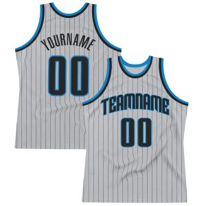 Gray Black Pinstripe Black-Blue Authentic Personalized Basketball Jersey